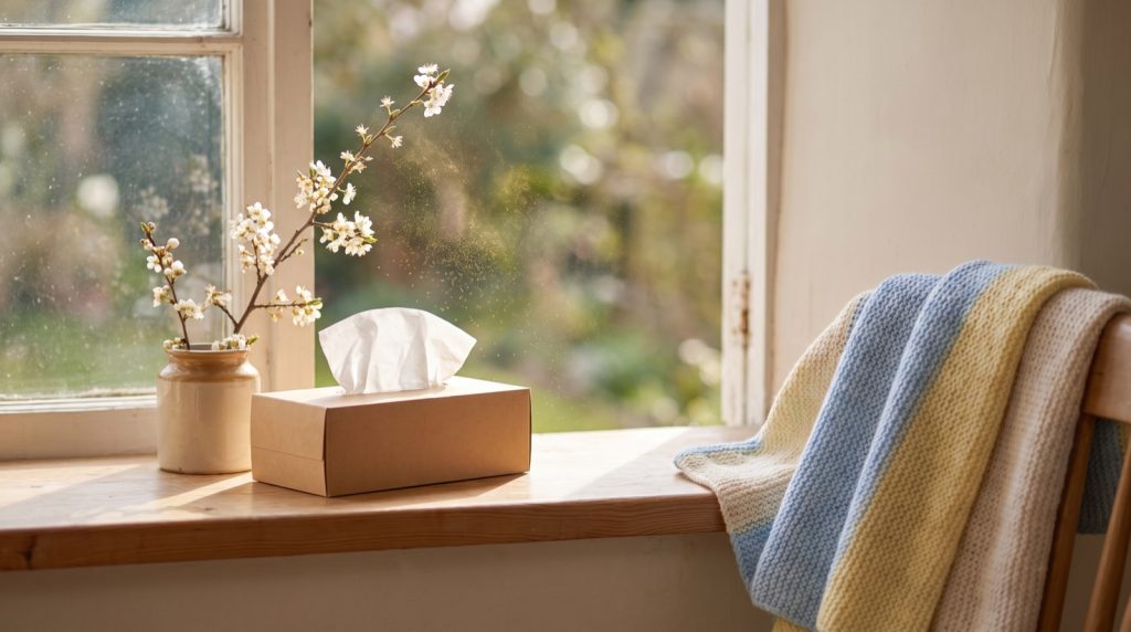 Tissues and spring blossom on a sunny windowsill with a child's blanket