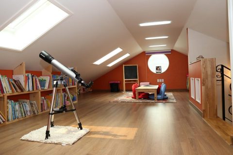 Bright converted loft room with skylights, bookshelves and a telescope